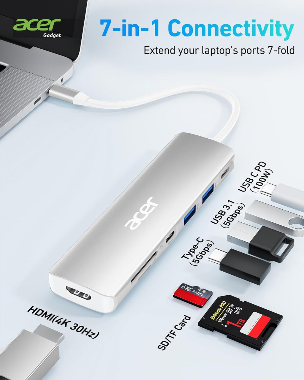 Acer USB C Dock, 7 in 1 USB C to HDMI Hub, 2 USB 3.1 GEN1 and 5Gbps Type-C Data Port, 4K HDMI Port, PD 100W Charging, SD Card Reader, for iPad Pro MacBook Pro Acer Laptops and More (Silver)