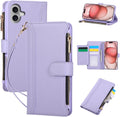 Compatible with iPhone 16 Wallet Phone Case-PU Leather Magnetic Flip Cover with Credit Card Slots,Zipper Pocket & Detachable Wrist Strap,Shockproof Design,for Women and Men-Purple