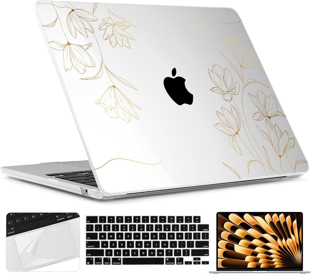 TWOLSKOO Compatible with M4 MacBook Air 15 inch Case 2025-2023 Released Model M4 A3241 M3 A3114 M2 A2941, Plastic Hard Shell & Screen Protector & Keyboard Cover & Trackpad Film, Florals X449