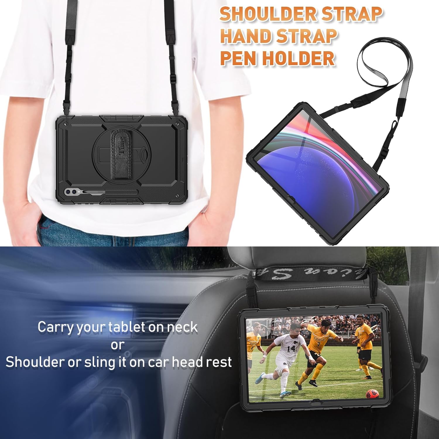 Timecity Case for Samsung Galaxy Tab S10 Ultra/ S9 Ultra/ S8 Ultra Tablet Case 14.6''- Heavy Duty Protective Cover with Screen Protector, Stand, Shoulder Strap & S Pen Holder | Kids-Friendly, Black