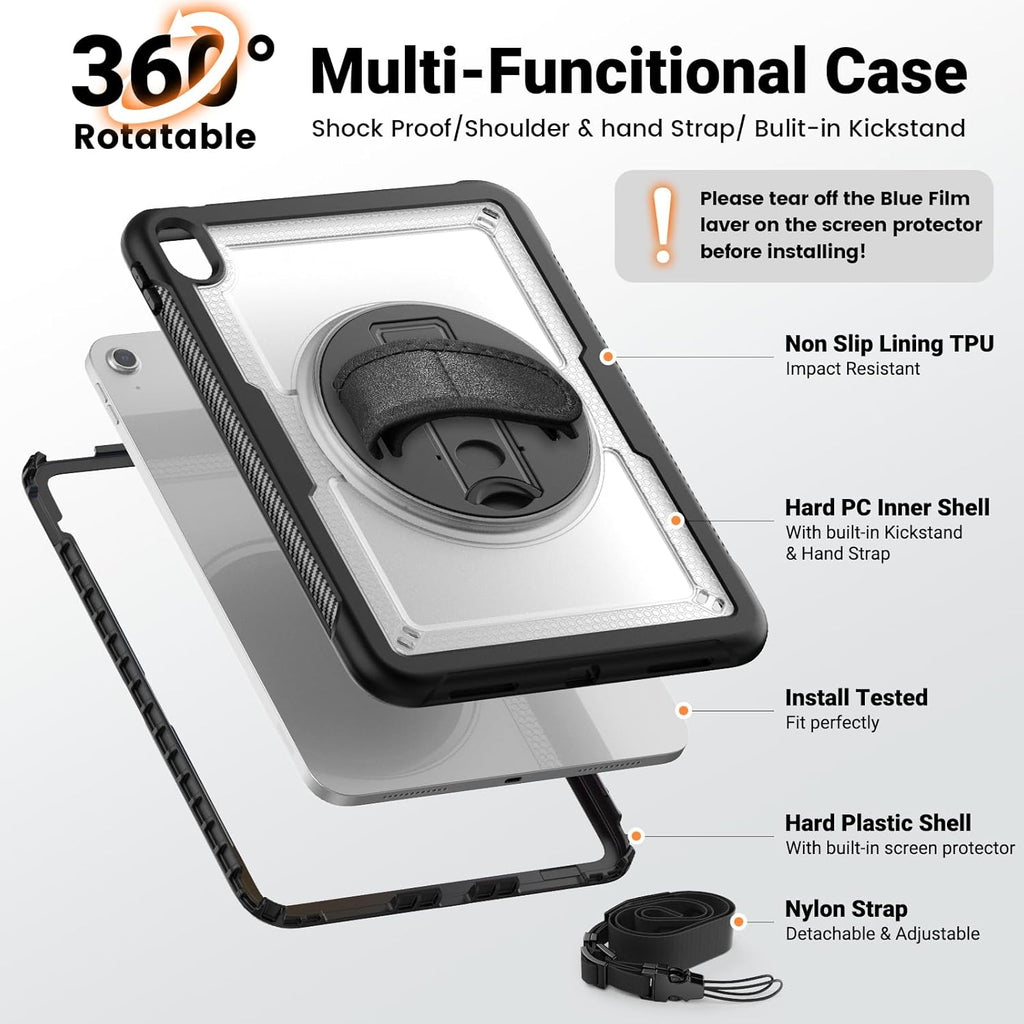 SCSVPN Case for iPad (A16) 11th Generation 11 Inch 2025 / 10th Generation 10.9 Inch 2022, Shockproof Protective Case with Screen Protector, Pencil Holder, Rotating Stand, Hand/Shoulder Strap - Clear
