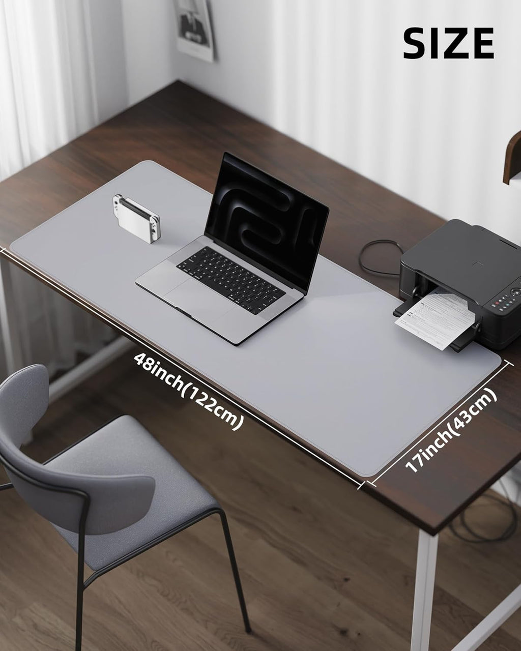 Leather Desk Pad Cover- 48" x 17" Office Desk Protector, Non-Slip PU Leather Mouse Pad, Waterproof Blotter Mat for Home (Light Grey)