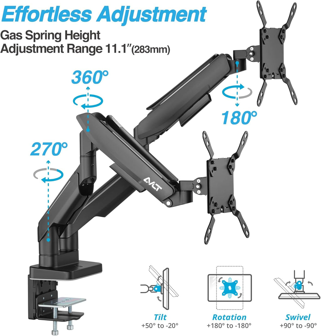 AVLT RGB Lights Dual 17”-43” Gaming Monitor Arm Desk Mount, Fits Two Flat/Curved/Ultrawide Screen up to 44lbs(20kg), Height Swivel Tilt Adjustable Stand - Black