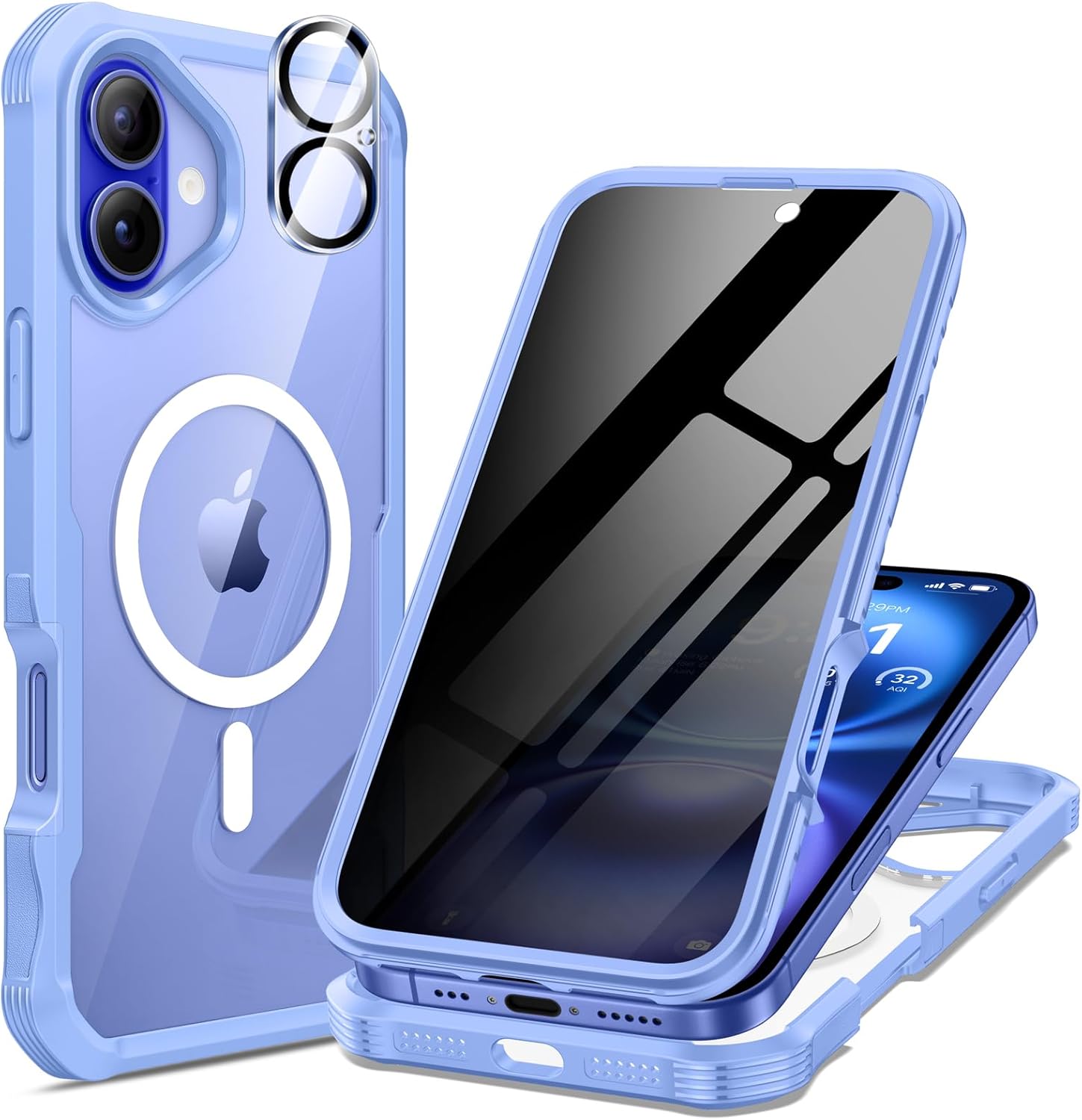 seacosmo for iPhone 16 Case, Full Body Bumper with Built-in 9H Tempered Glass Privacy Screen Protector and Camera Lens Protector, Compatible with MagSafe, Shockproof 16 Phone Case, 6.1", Light Blue