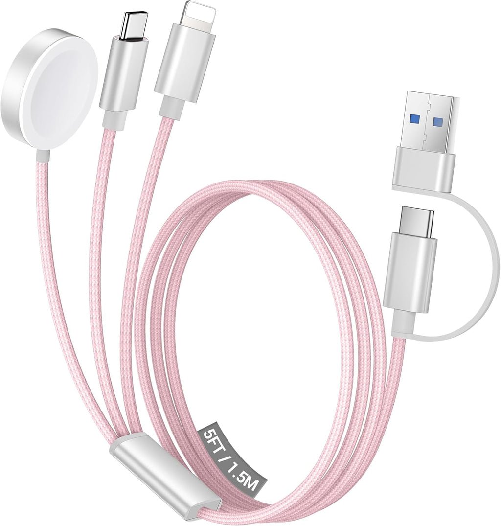 Temdan for Travel Vacation Essentials,3 in 2 USB C Cable for Apple Watch Charger/iPhone 16 Charger/Lightning,Multi Charging Cable Cord,Camping Essentials,Designed for iWatch &iPhone 16-12-5FT Pink