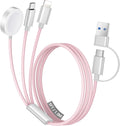 Temdan for Travel Vacation Essentials,3 in 2 USB C Cable for Apple Watch Charger/iPhone 16 Charger/Lightning,Multi Charging Cable Cord,Camping Essentials,Designed for iWatch &iPhone 16-12-5FT Pink