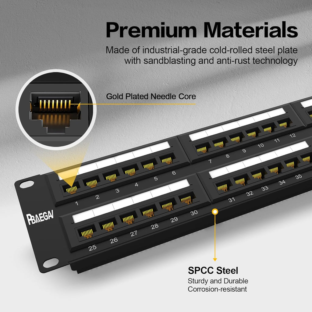Patch Panel 48 Port Cat6A 【EC Listed】 2U Network Patch Panel Rackmount 19 inch RJ45 Patch Panel for 10 Gigabit Network, 110 or Krone Impact Tools Compatible Without Cable Management (Cat6A)