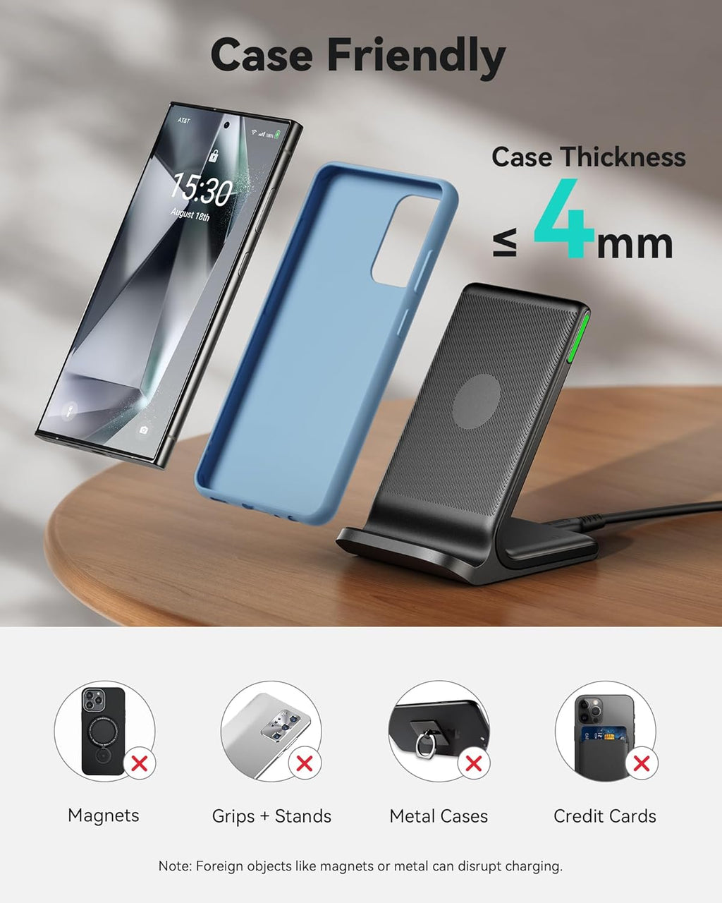 INIU Wireless Charger, 15W Fast Qi Certified Wireless Charging Station with Sleep-Friendly Adaptive Light Compatible with iPhone 16 15 14 13 Pro XS 8 Plus Samsung Galaxy S25 S24 S23 Note 20 Google etc