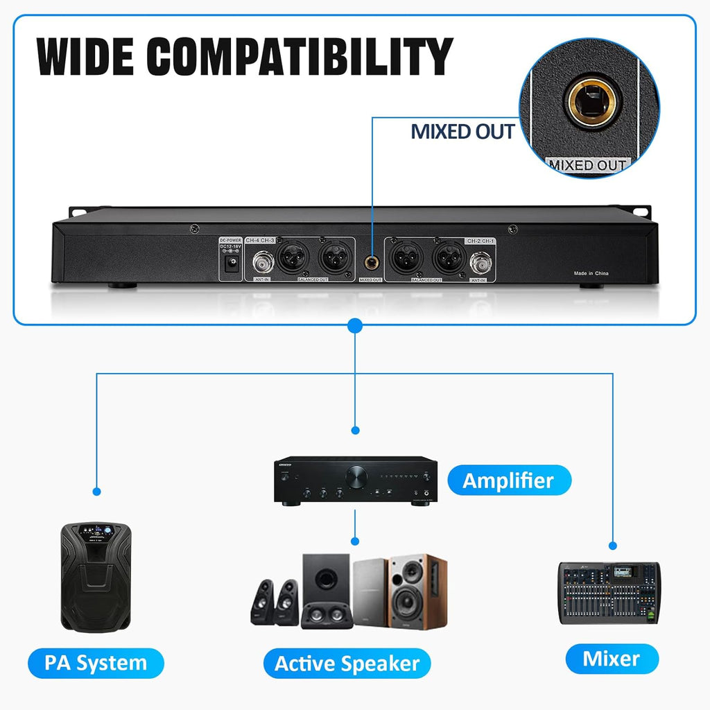 Wireless Microphone System 4 Channel UHF 4 Lavalier Lapel Headset Mics for Karaoke Church Speaking Conference Meeting Party, 4x25 Adjustable Frequency (4 Bodypack)