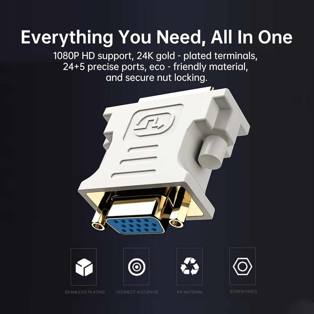 DVI to VGA Adapter (DVI-I 24+5 Pin Male to VGA Female) – Gold-Plated Connector for PC, Laptop, GPU, Projector