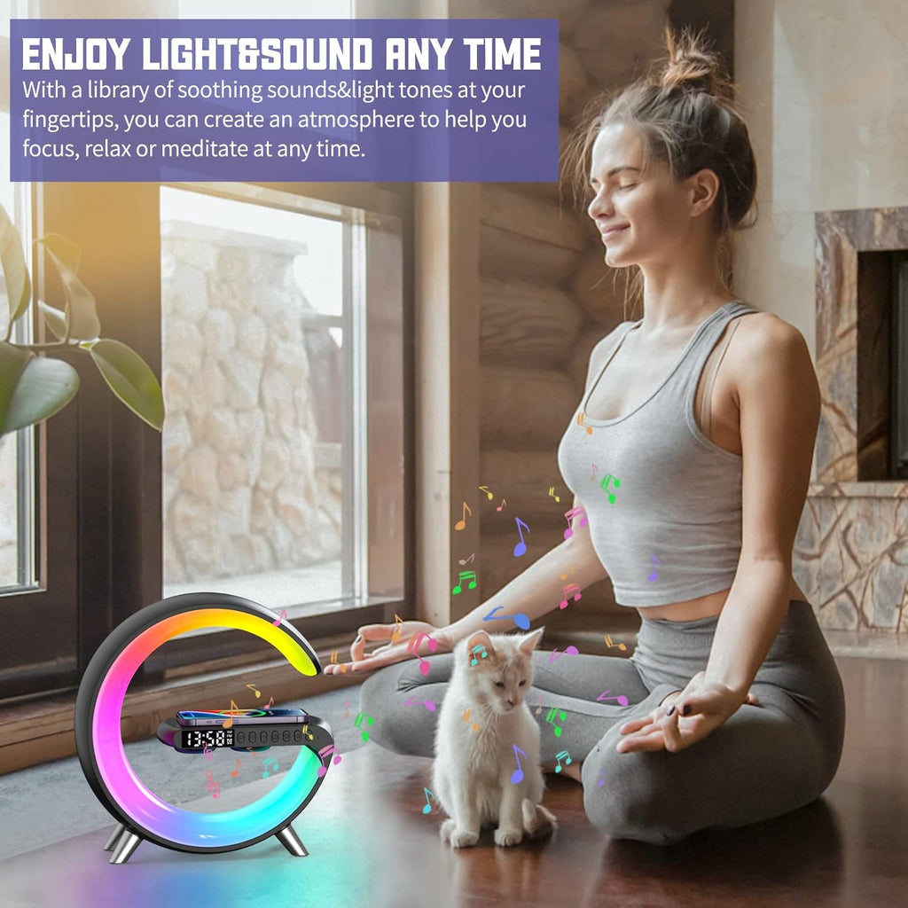 Smart Table Lamp with 4-in-1 Wireless Charger, Night Light, Bluetooth Speaker, Alarm Clock, App Control, Office, Bedroom, Home Decor (White)