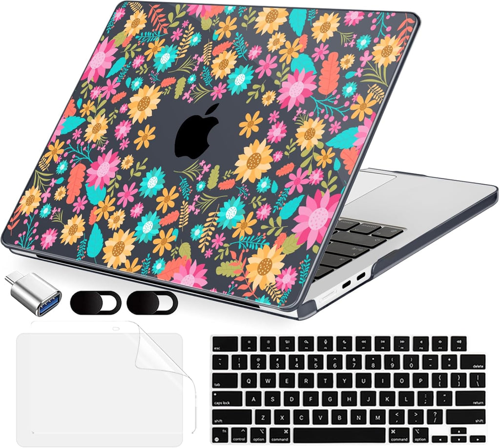 Compatible with MacBook Air 13.6 inch Case, M4 A3240/M3 A3113/M2 A2681 (Released 2025 to 2022), Hard Shell, Keyboard Cover, Screen Protector, Webcam Cover & Type-C Adapter, Colorful Flowers