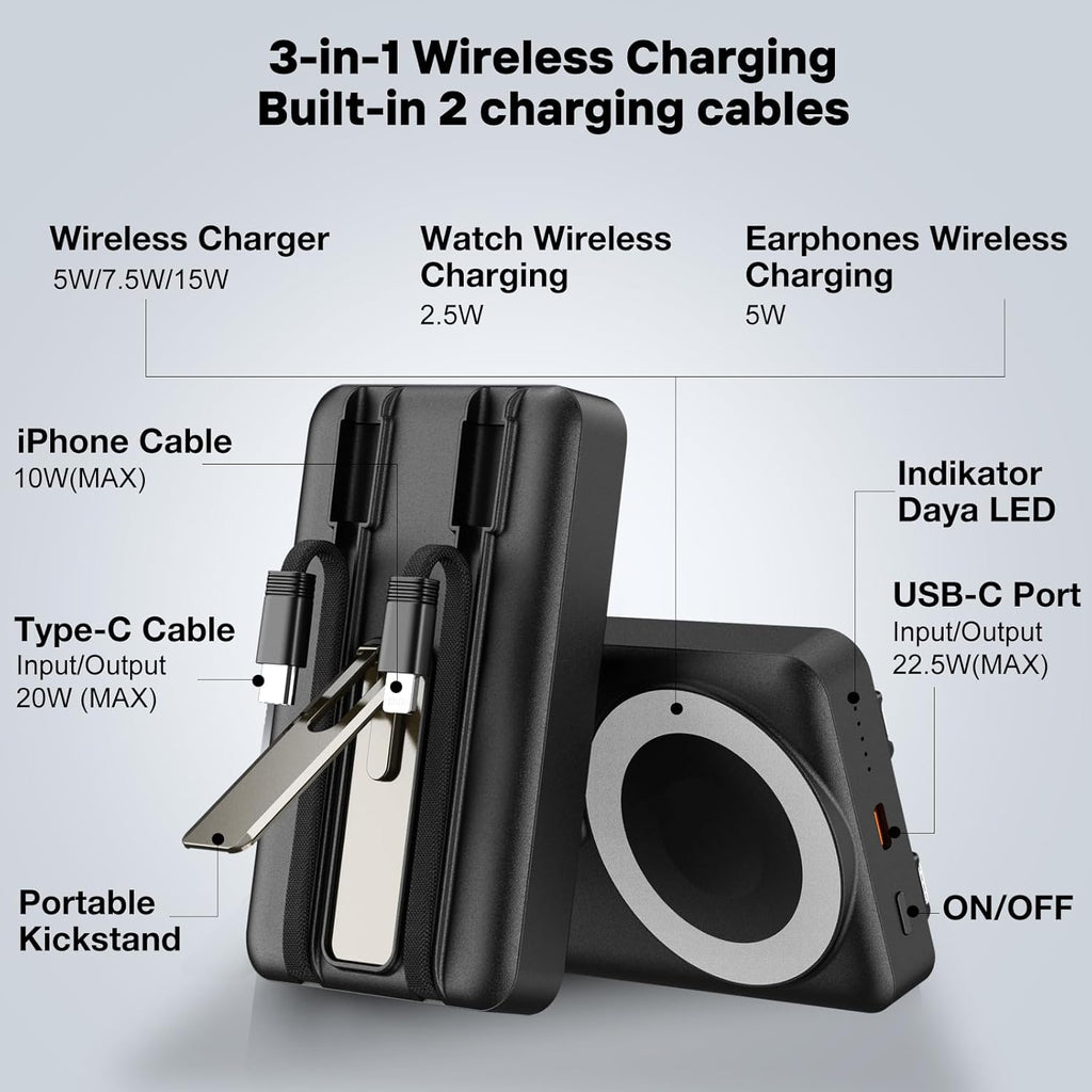 Wireless Portable Charger, 3-in-1 Magnetic Power Bank 10000mAh with USB-C and iOS Cable and Stand, 22.5W Fast Charging Battery Pack, Compatible with iPhone 16/15/14/13/12/Pro/Mini/Pro Max