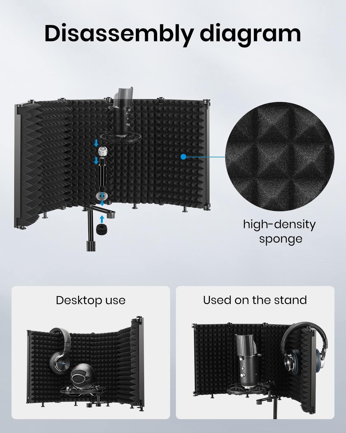 Moukey Microphone Insulation Sound Insulation Sound Shield Isolation, 5 Sides Microphone Sound-Absorbing Foam Reflector for Recording Studio, Podcasts, Vocals and Broadcasting