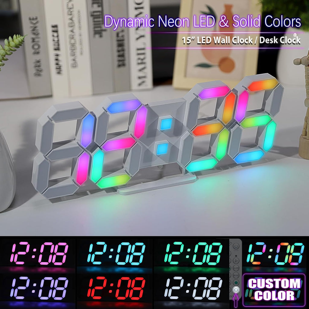 KOSUMOSU LED Wall Clock 15" RGB Digital LED Clock for Living Room Decor, Large Display Gaming Room Clocks, Dimming/12/24 Hr Time/Date/Temp/Remote (White Clock with Neon Light)