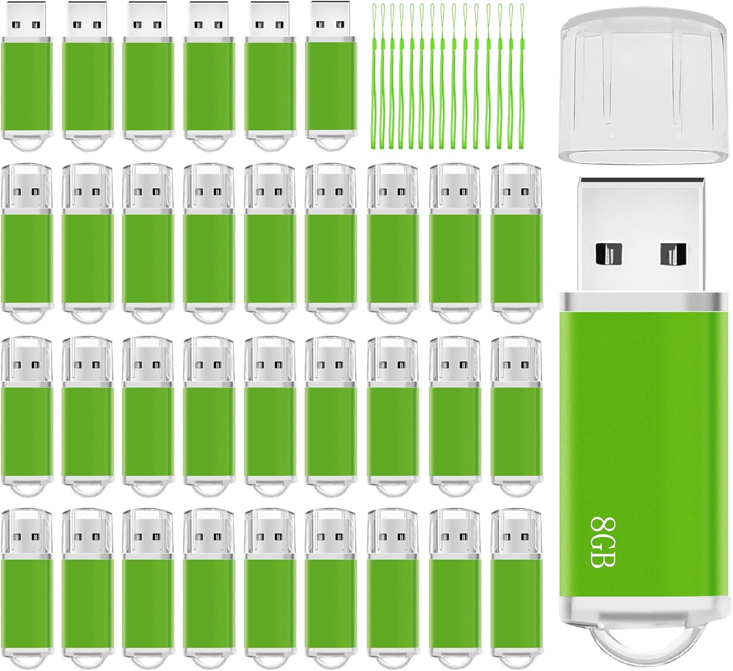 Memorias USB 8GB Flash Drive 50 Pack, USB 2.0 Thumb Drives Bulk Memory Sticks 8GB FAT32 USB Flash Drives Bulk Jump Drives Multipack Pack of 50 with Lanyard(Green 50 Packs 8 GB)