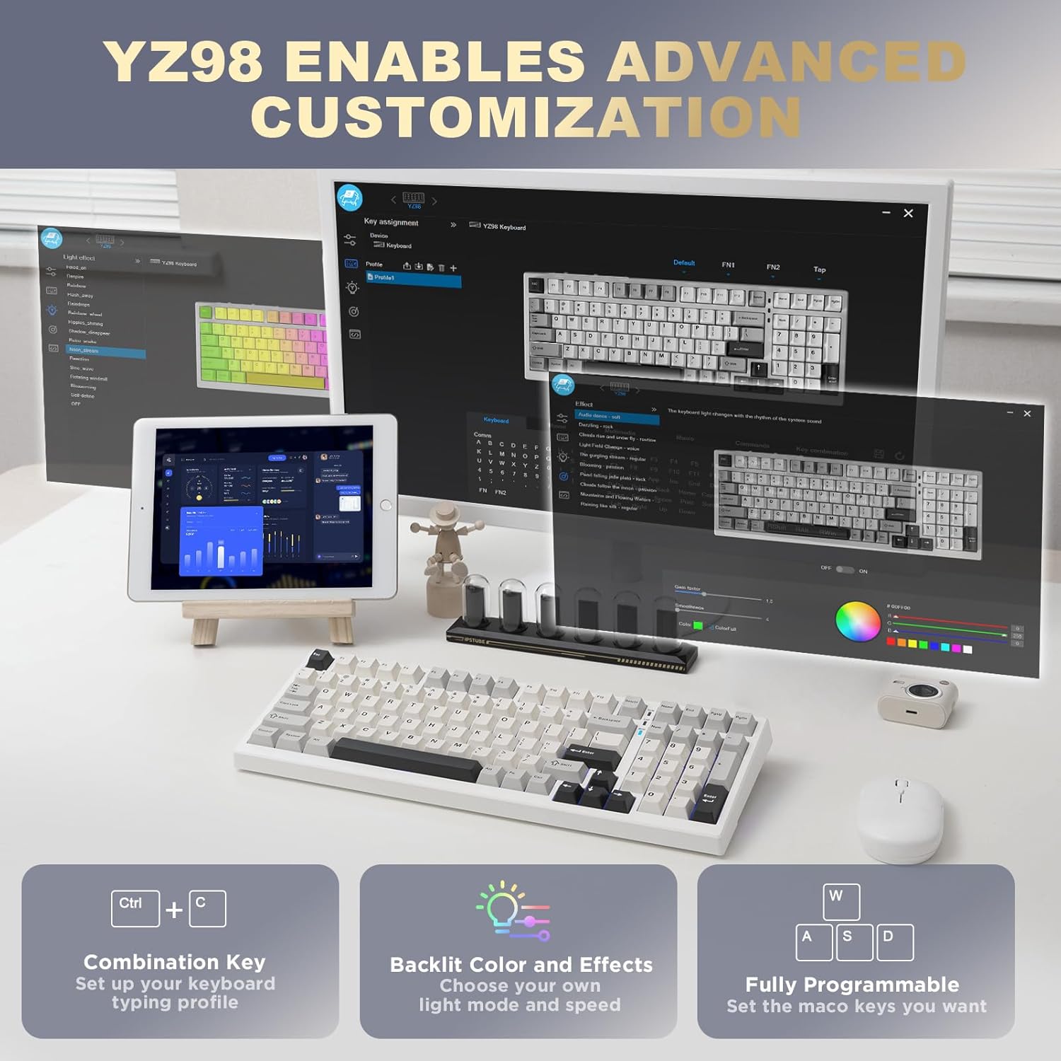 YUNZII YZ98 Gasket Mechanical Keyboard,99 Key Hot Swappable BT5.0/2.4G/USB-C Wireless NKRO 98% 1800 Layout with RGB LED Backlit for Linux/Win/Mac(Milk Switch, White)