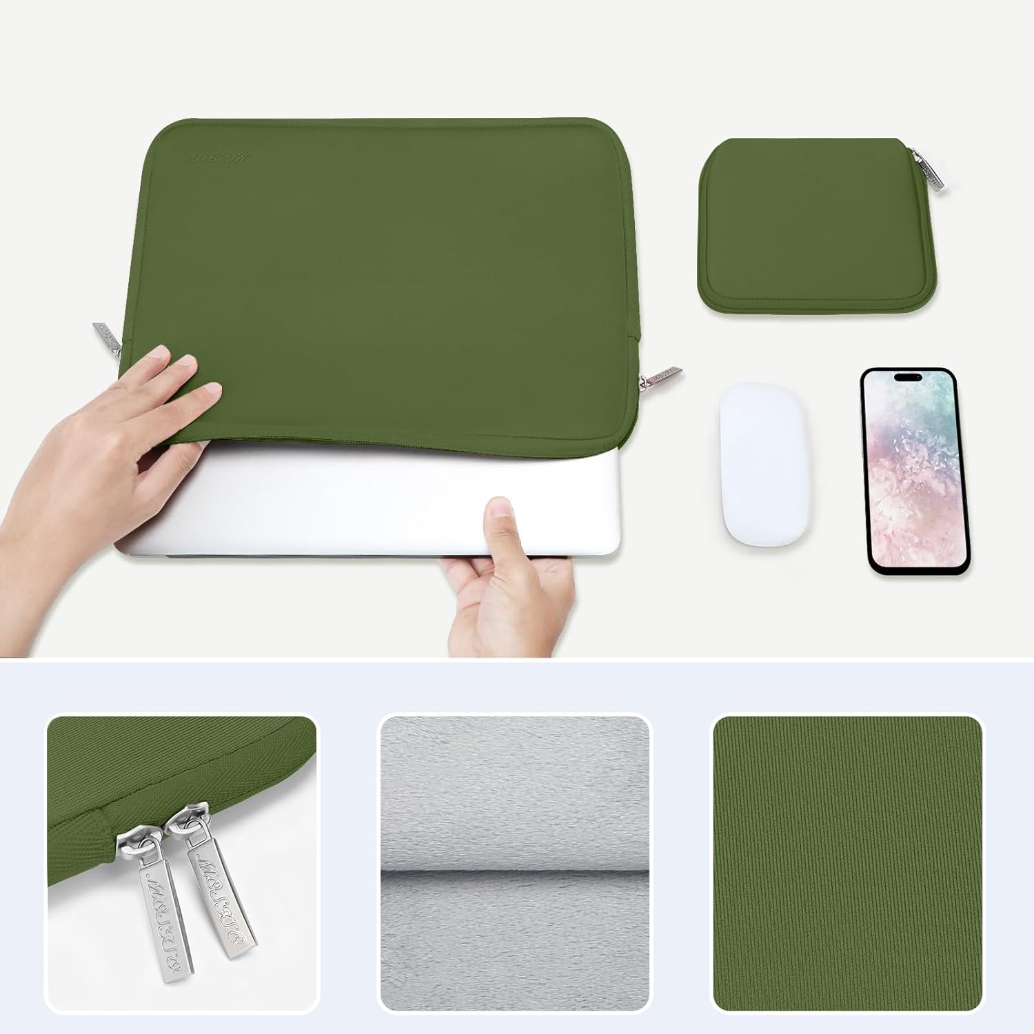 MOSISO Laptop Case 13.3 inch, 13-13.3 inch Laptop Sleeve Bag Compatible with MacBook Air/Pro 13/Pro 14 M5 M4 M3 M2 M1, HP Dell ASUS Lenovo, Neoprene Computer Sleeve Bag with Small Case, Army Green