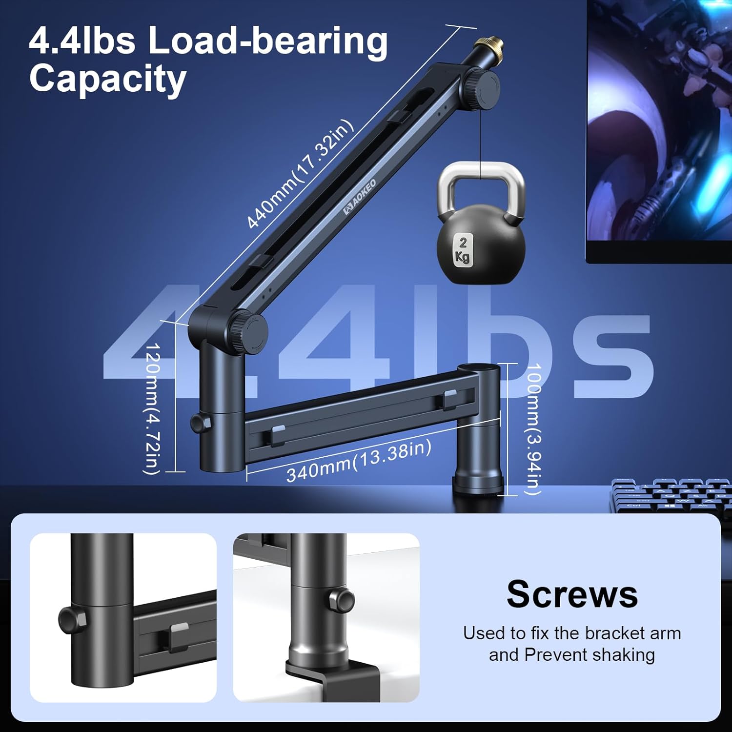 Microphone Arm,Aokeo AK-58 Desk Low Profile Adjustable Mic Boom Arm Stand,Suitable For Blue Yeti,Snowball iCE, HyperX QuadCast,SoloCast,Elgato Wave,Etc