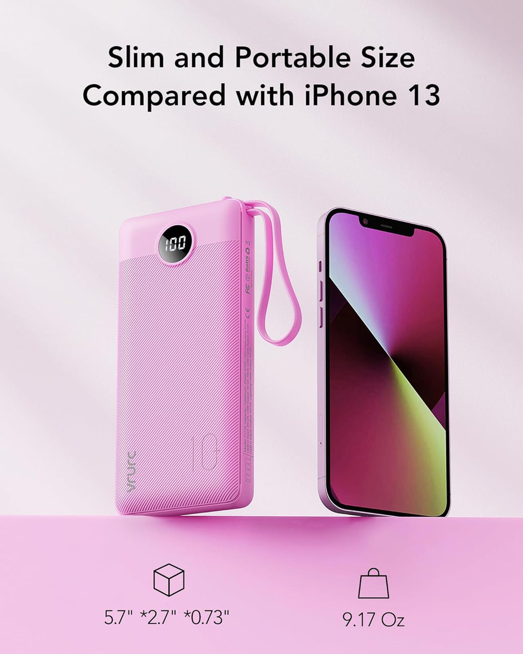 VRURC Portable Charger 10000mAh, Travel Essentials Battery Pack, 5 Output 2 Input Power Bank, Built-in Micro & USB C Cables Phone Charger Compatible with iPhone,Samsung,Android-Purple(1 Pack)