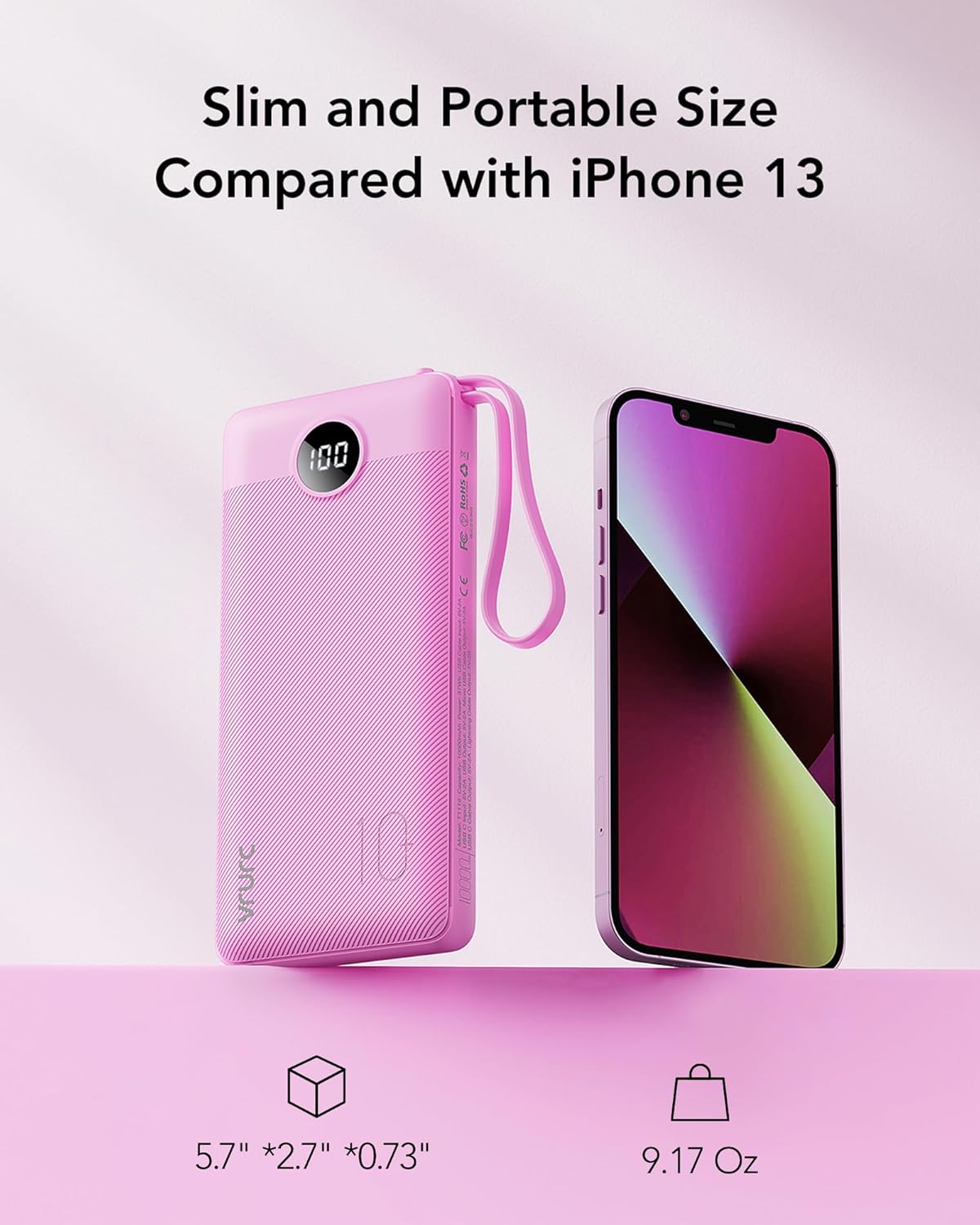 VRURC Portable Charger 10000mAh, Travel Essentials Battery Pack, 5 Output 2 Input Power Bank, Built-in Micro & USB C Cables Phone Charger Compatible with iPhone,Samsung,Android-Purple(1 Pack)