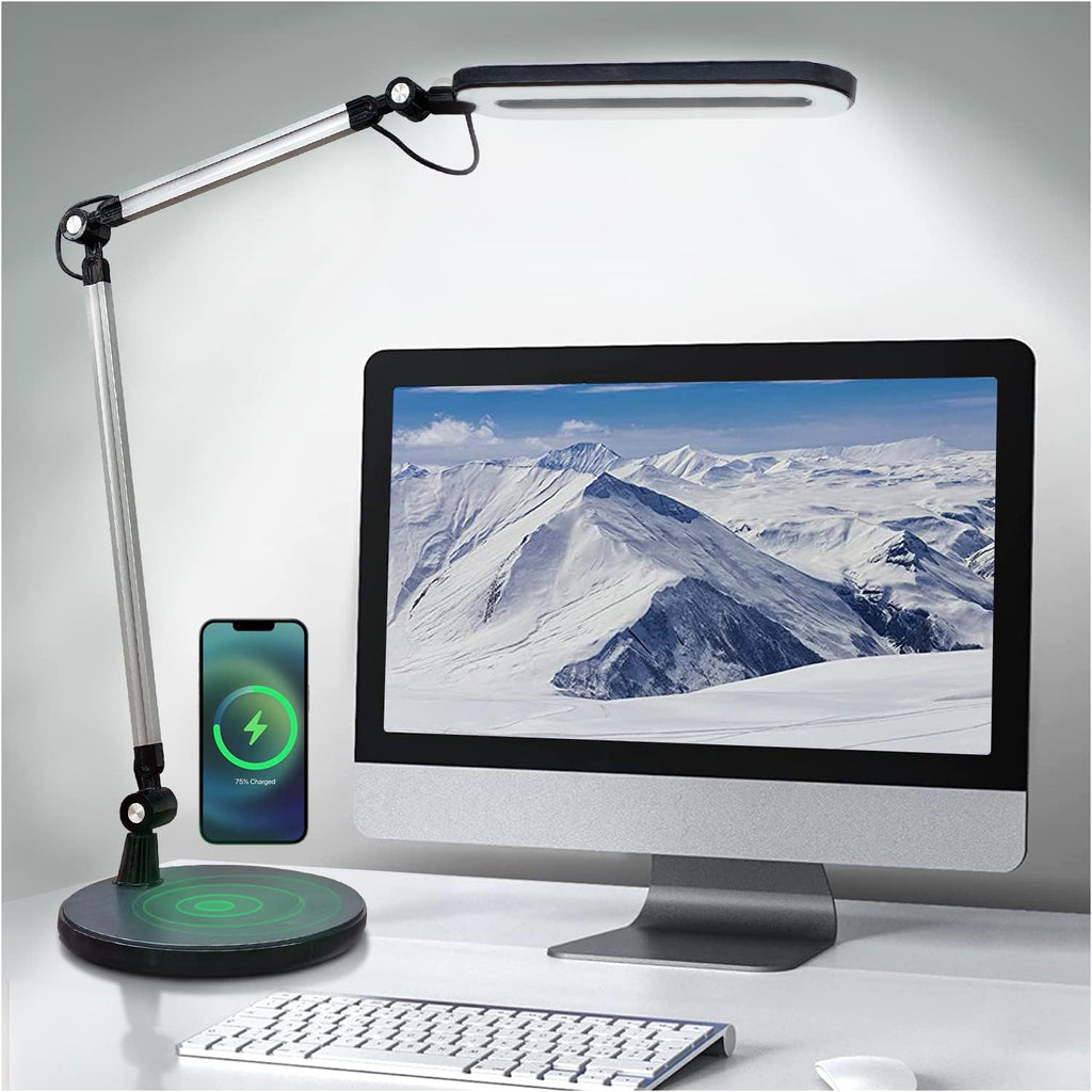 OTUS LED Desk Lamp for Home Office with Wireless Charger | 3 Color & 12 Dimmable Levels | Tall Architect Desk Lamp Adjustable Swing Arm | Eye-Care Task Table Lamp for Reading, Study & Video Calls
