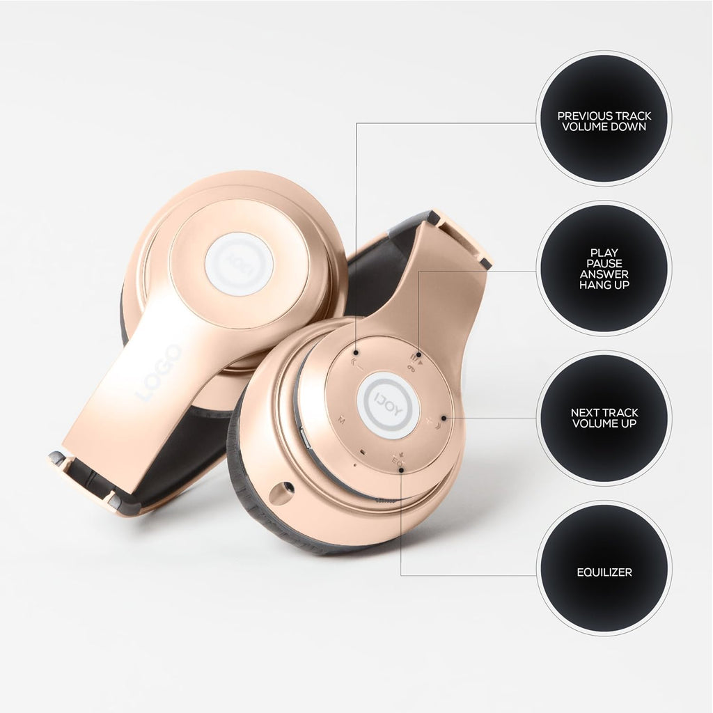 iJoy Bluetooth Headphones Over Ear, Wireless and Wired Foldable Headset Built-in Microphone, FM, Micro SD Card Slot - (Gold) Adults Kids Men Women