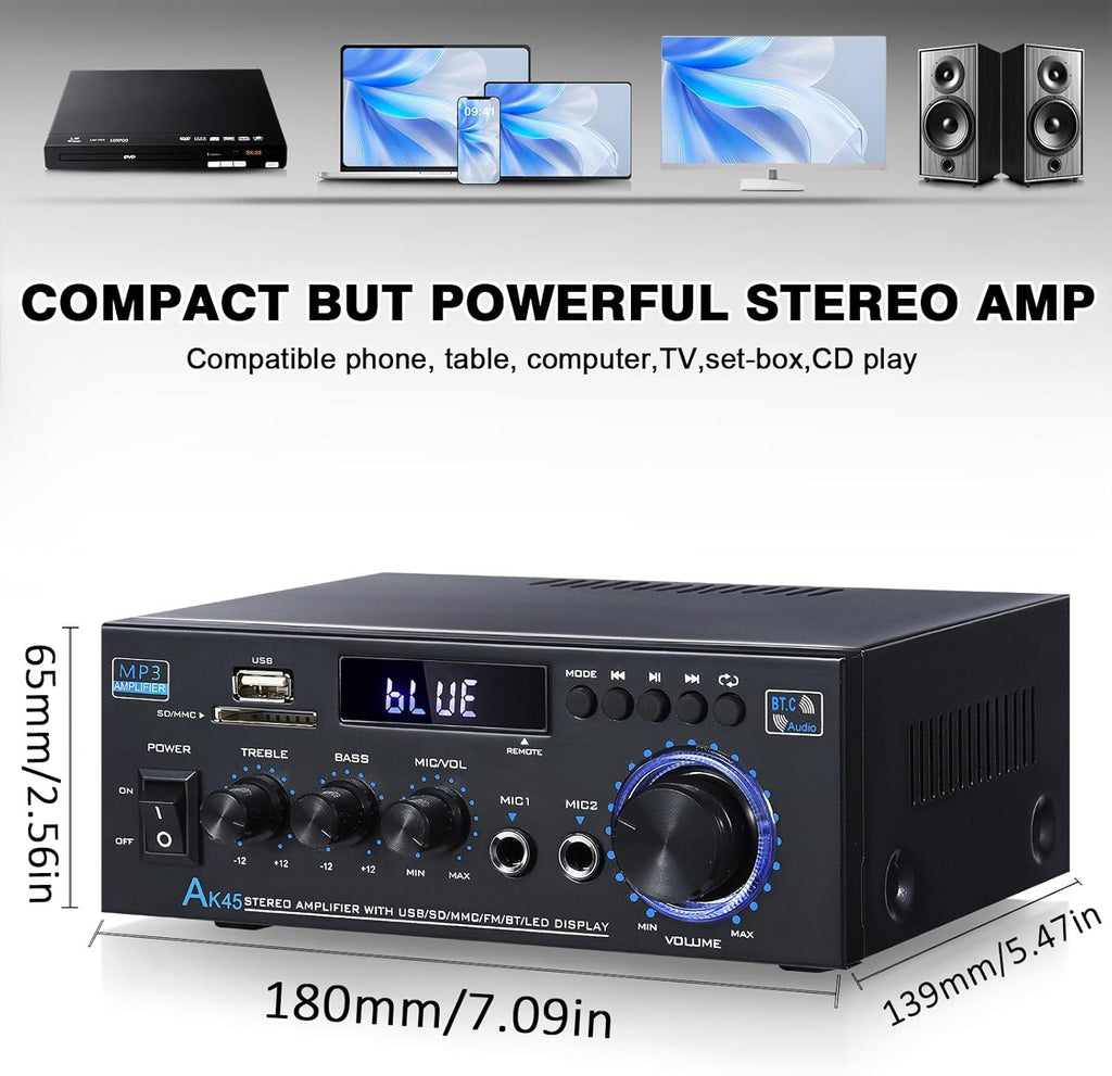 AK45 Stereo Receivers Amplifier Home Audio with Bluetooth, 300W, 2.0 Channel Power Amplifier for Home Stereo Syetem with RCA,SD,FM,USB, MIC in,Bluetooth Receiver for Karaoke,Studio