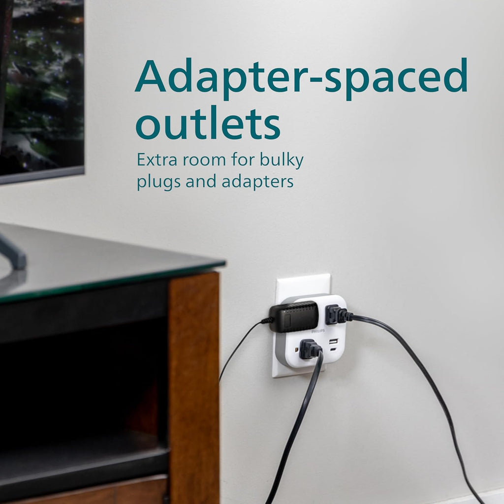 Philips EZFit 3-Outlet Surge Outlet Extender with USB, 1 USB-A, 1 USB-C, Adapter Spaced, Charging Station, 12W, 980 Joules, White - SPP9393W/37