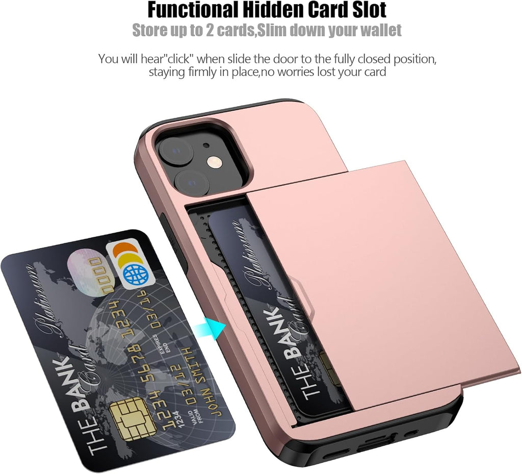 Nvollnoe for iPhone 12 Mini Case with Card Holder Heavy Duty Protective Dual Layer Shockproof Hidden Card Slot Slim Wallet Case for iPhone 12 Mini for Men&Women(Rose Gold)