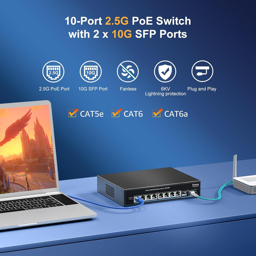8 Port 2.5G PoE Switch Unmanaged, VIMIN 10x 2.5G Base-T PoE Switch, 2X 10G SFP PoE Switch IEEE802.3af/at, 80Gbps Ethernet Switching Capacity, 150W Switch for 2.5Gb NAS/PC, Metal Housing, Fanless