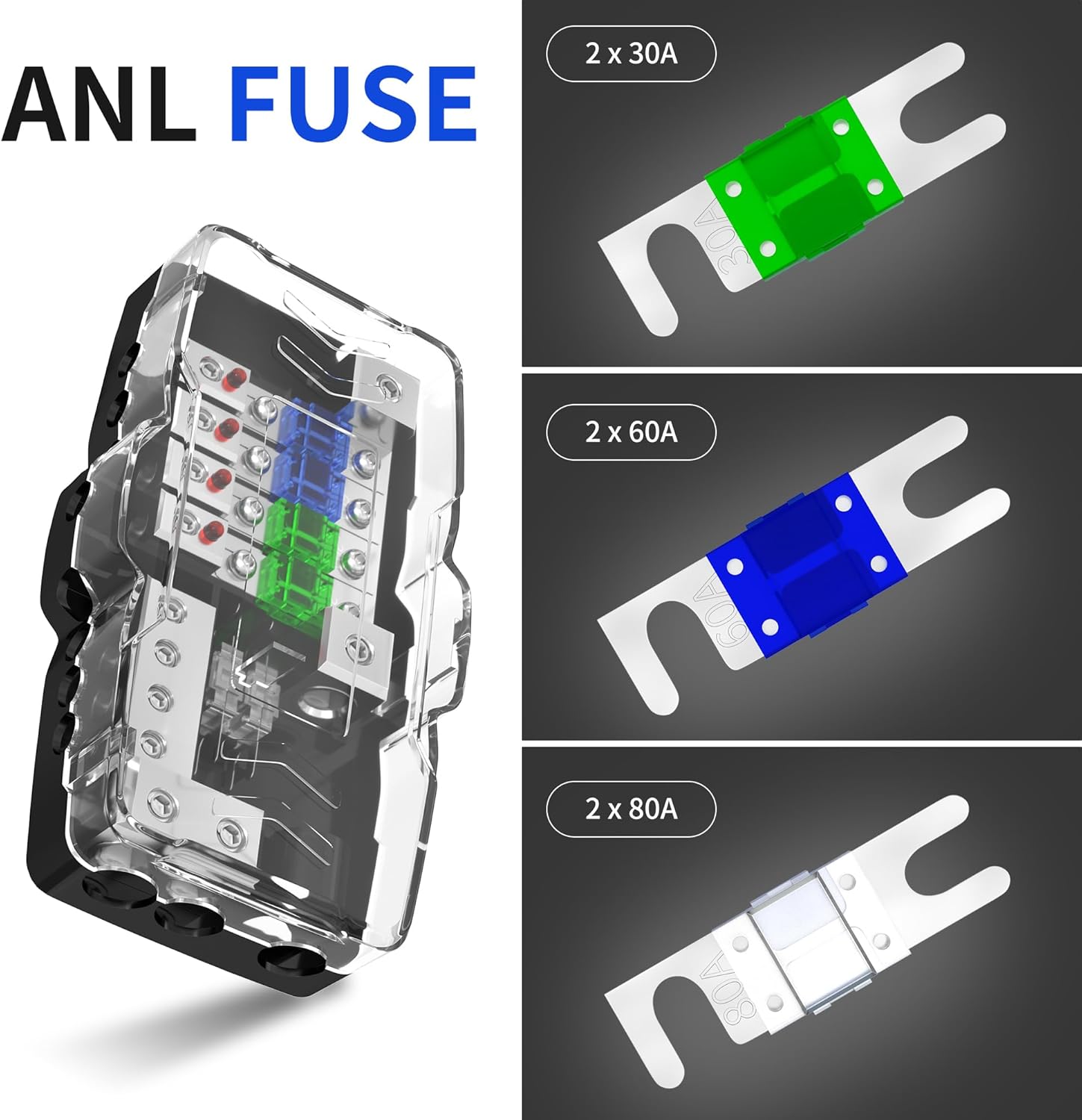 Fused Power Distribution Block Car Audio Fused Distribution Block 12V 0/4 Gauge 4 Way MIDI (Mini-ANL) Fuse Block for Auto Boat UTV Stereo Amp