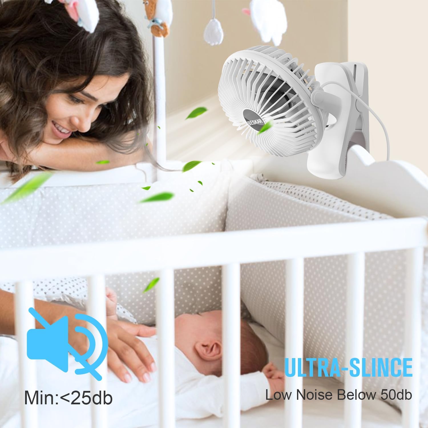 BESKAR Clip on Fan, 360° Rotation Quiet Stroller Fans with Strong Airflow,3 Speeds, Portable Small Fans with Sturdy Clamp,Perfect Personal Cooling Fan for Office Table Bedroom Kitchen