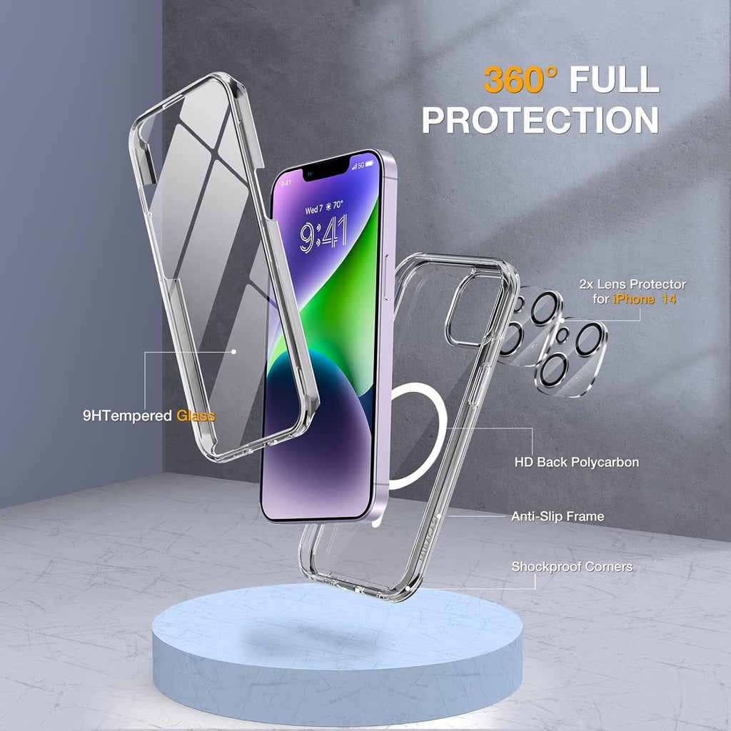 Miracase Magnetic for iPhone 14 Case 6.1'', [Bubble Free] Full-Body Bumper Phone case with Built-in Full Glass Screen &Lens Protector,No Gap,Compatible with MagSafe,Drop Proof 14 Cover,Clear