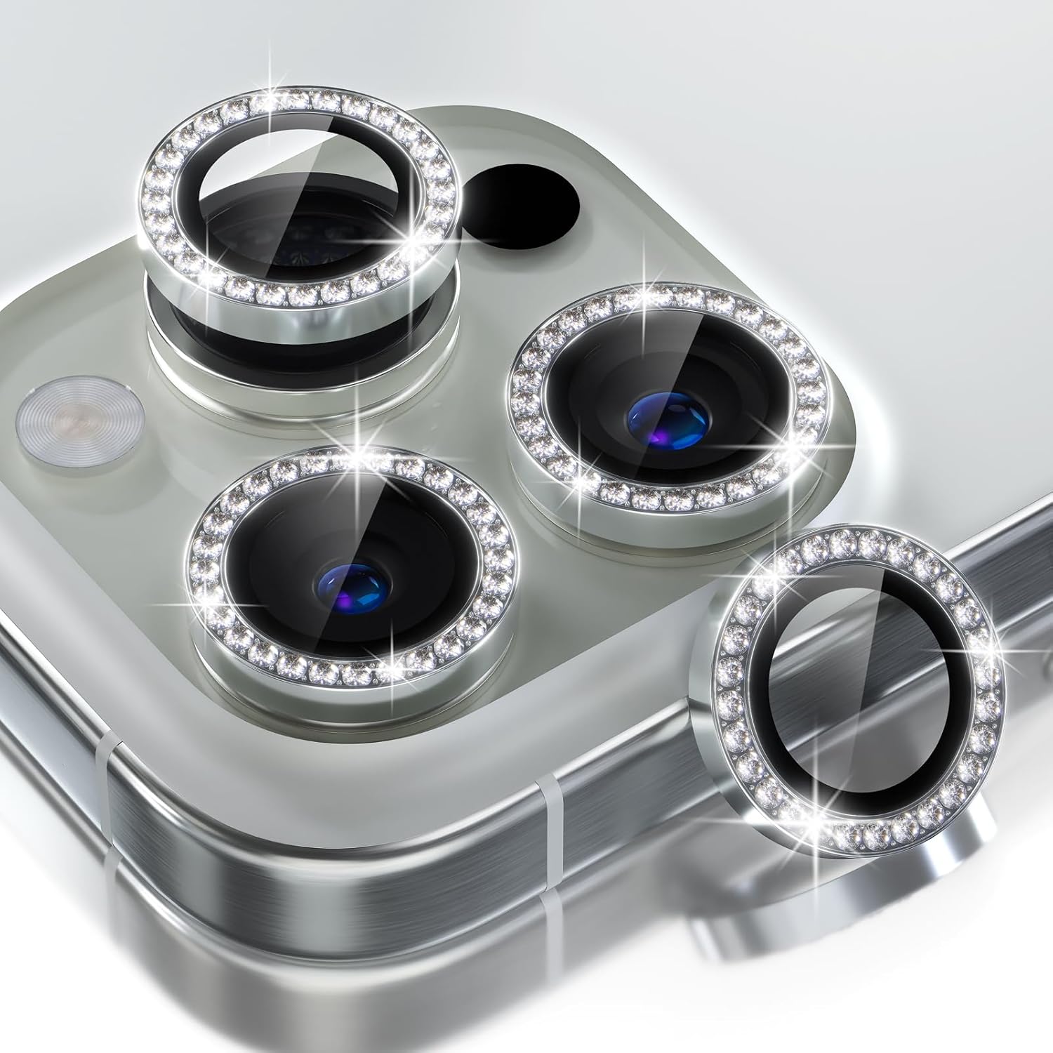 Choiche Compatible for iPhone 16 Pro/iPhone 16 Pro Max Camera Lens Protector Bling, 9H Tempered Glass Camera Cover Screen Protector Metal Ring Decoration Accessories (Diamond-Silver)