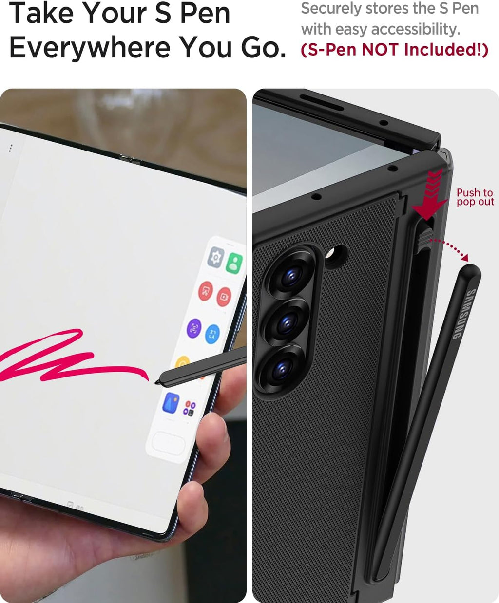 Miimall for Samsung Galaxy Z Fold 6 Case with S Pen Holder Slot [Military Grade Drop][Built-in Privacy Screen & Invisible Kickstand] Slim Thin Protective Phone Case for Galaxy Z Fold 6 Cover Black
