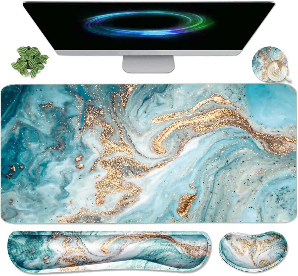 Keyboard Mouse Pad Set, Extended Mouse Pad+Keyboard Wrist Rest Support, Memory Foam Ergonomic Easy Typing, 3Pcs (35.4×15.7 in) Desk Pad Set for Home Office Study Game-Green Marble
