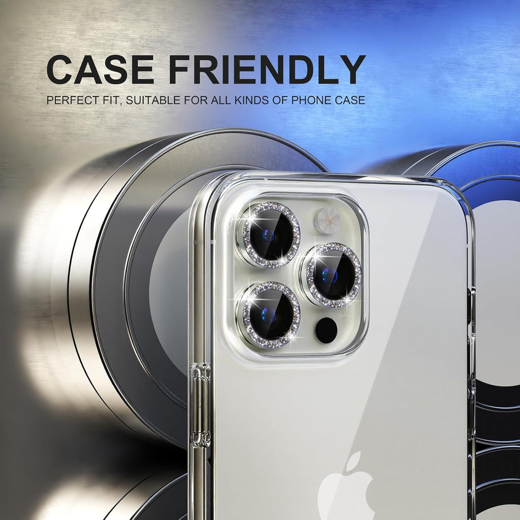 Choiche Compatible for iPhone 15 Pro/iPhone 15 Pro Max Camera Lens Protector Bling, 9H Tempered Glass Camera Cover Screen Protector Metal Ring Decoration Accessories (Glitter-Silver)