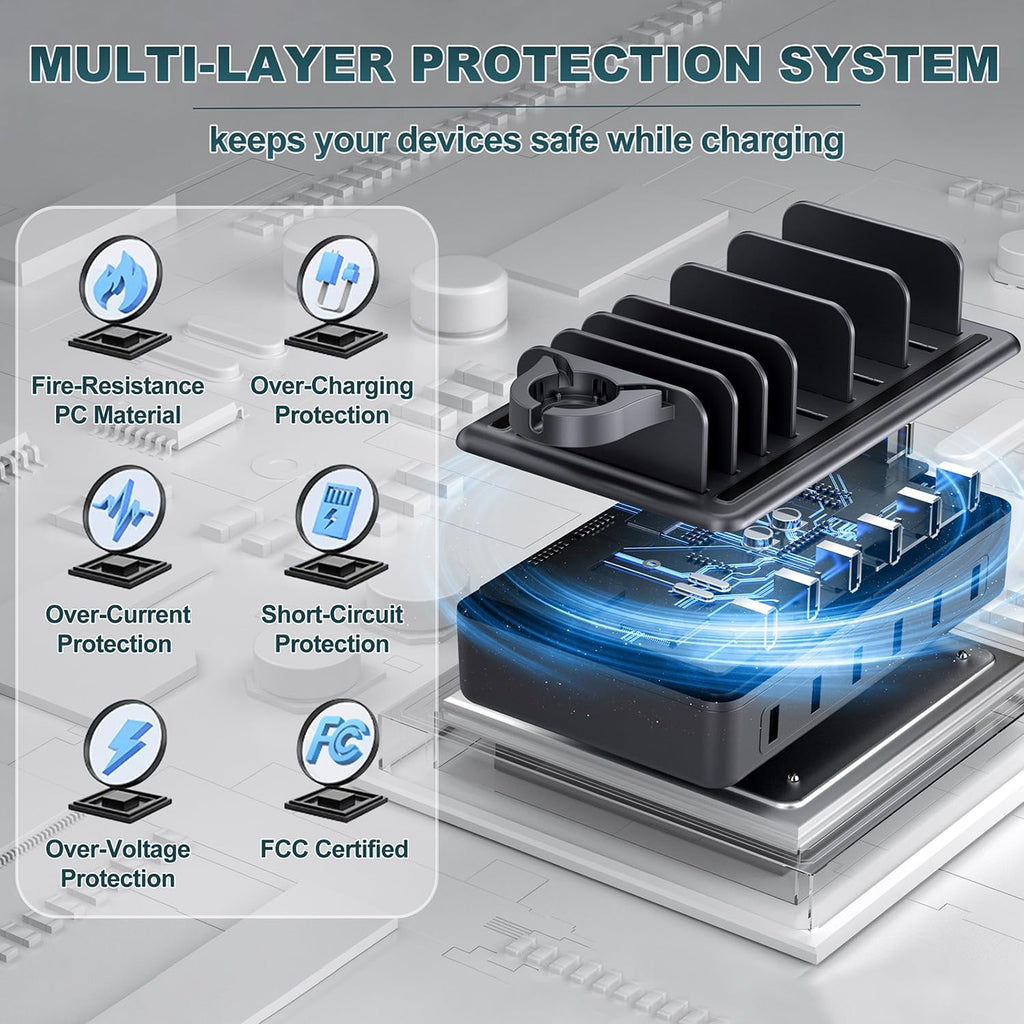 Charging Station for Multiple Devices, 6 in 1 Charger Station Multiple Charging Station for Cellphone Tablet iPhone iPad and More-50W Charging Dock with Mixed Charging Cables