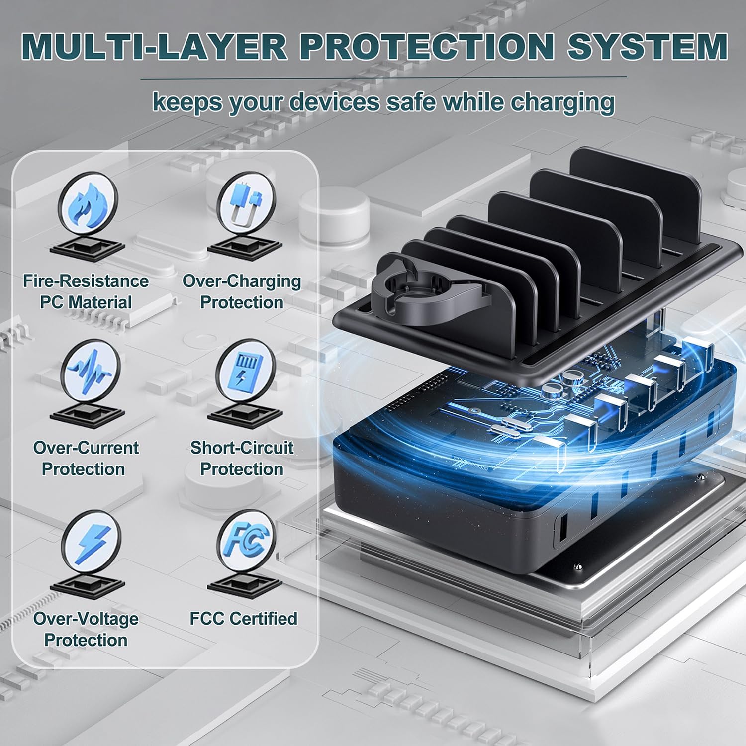 Charging Station for Multiple Devices, 6 in 1 Charger Station Multiple Charging Station for Cellphone Tablet iPhone iPad and More-50W Charging Dock with Mixed Charging Cables