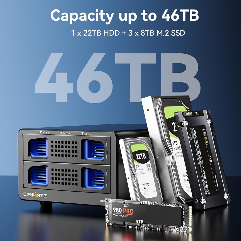 Hybrid 2.5/3.5" SATA HDD/SSD+3* M / B+M Key M.2 NVMe Enclosure with Cooling Fan and USB A/C 3.2 Gen 2 (10Gbps), Hard Drive Enclosure Support 46TB(22TB HDD+3*8TB 2230/2242/2260/2280/22110 SSDs)
