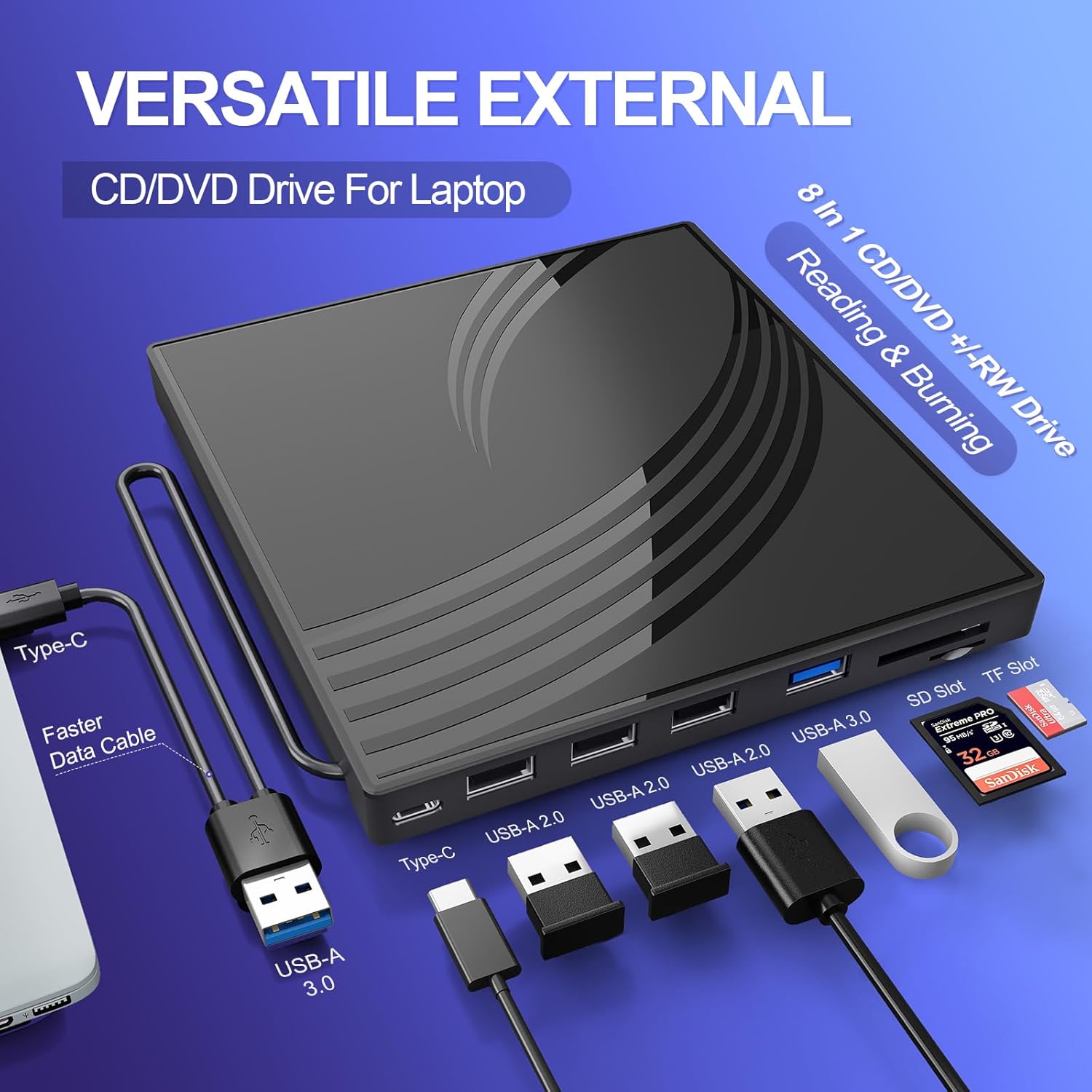 External CD/DVD Drive for Laptop, Ultra Slim CD Burner USB 3.0 Hub with 4 USB Ports, 2 TF/SD Card Slots,1 Type-C Port,DVD Player for Laptop Compatible with mac OS/Windows/Linux (Black)