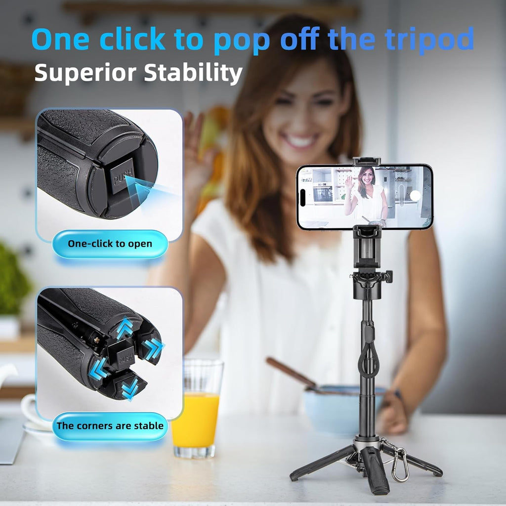 MQOUNY for Magsafe Tripod Stand for iPhone,Portable Pocket Size Selfie Stick with Rechargeable Remote and Metal Ring,Extendable Detachable Cell Phone Tripod Compatible with iPhone/Android