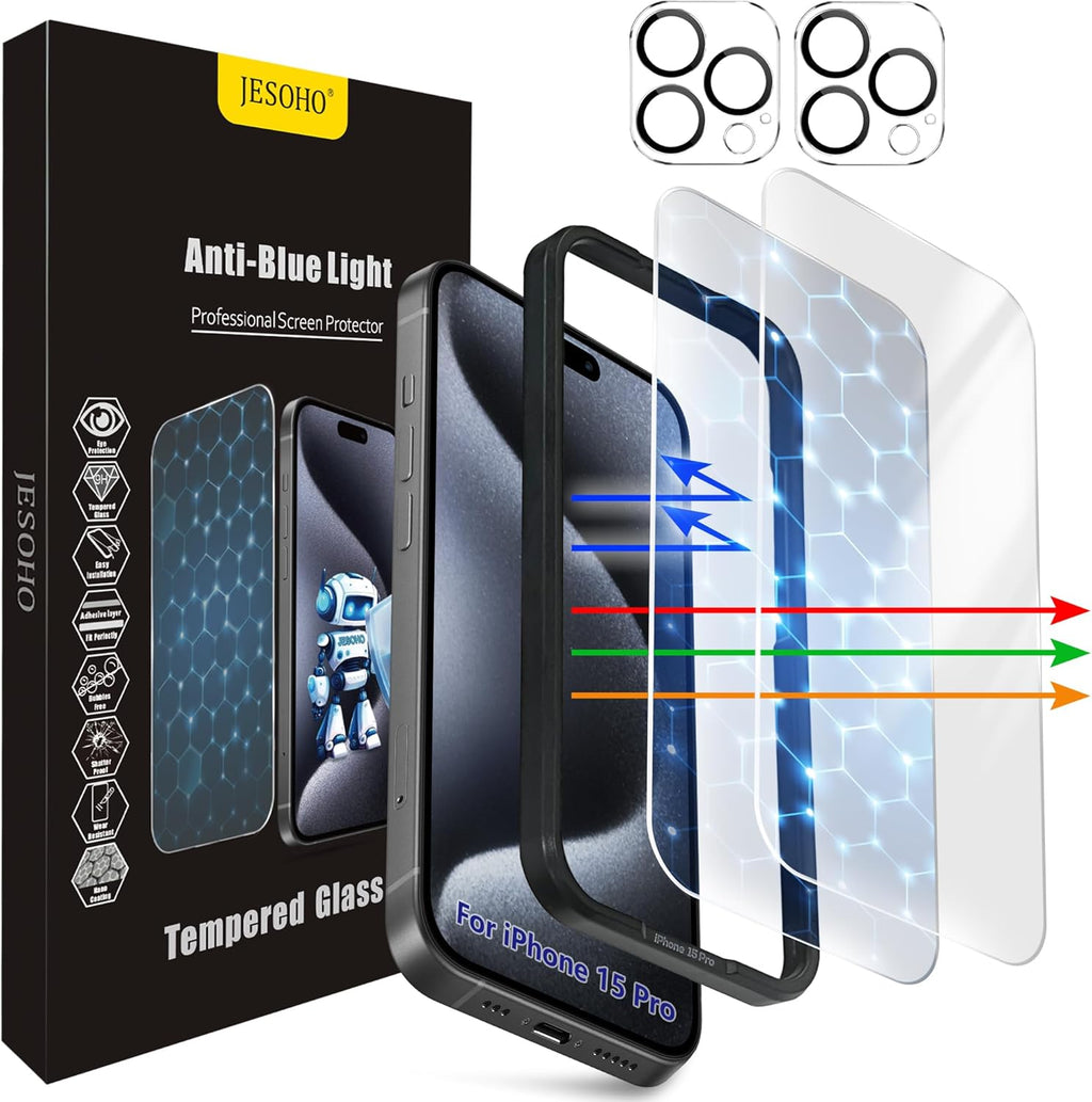 Screen Protector for iPhone 15 Pro [6.1 Inch],2 pcs Colorless Anti-Blue Light Tempered Glass Films, HD Clear, 9H Hardness, No Bubbles, Case Friendly with 2 pcs Camera Lens Protector