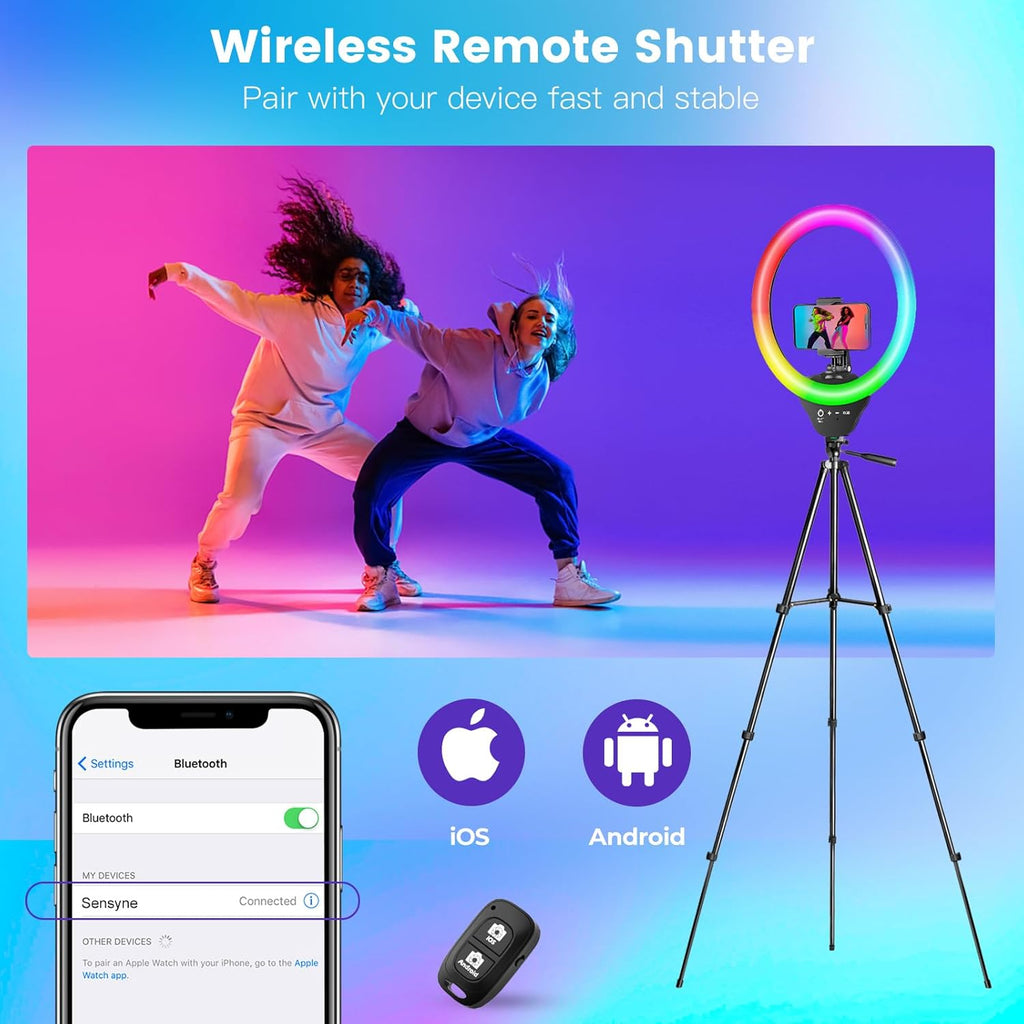 Sensyne 10'' RGB Ring Light with 50'' Extendable Tripod Stand, Circle Lights with Phone Holder for Live Stream/Makeup/YouTube Video/TikTok, Compatible with All Phones