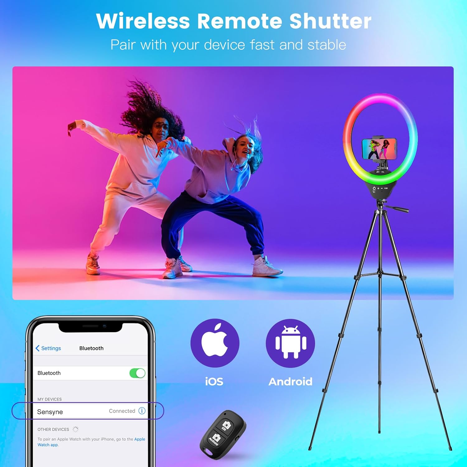 Sensyne 10'' RGB Ring Light with 50'' Extendable Tripod Stand, Circle Lights with Phone Holder for Live Stream/Makeup/YouTube Video/TikTok, Compatible with All Phones