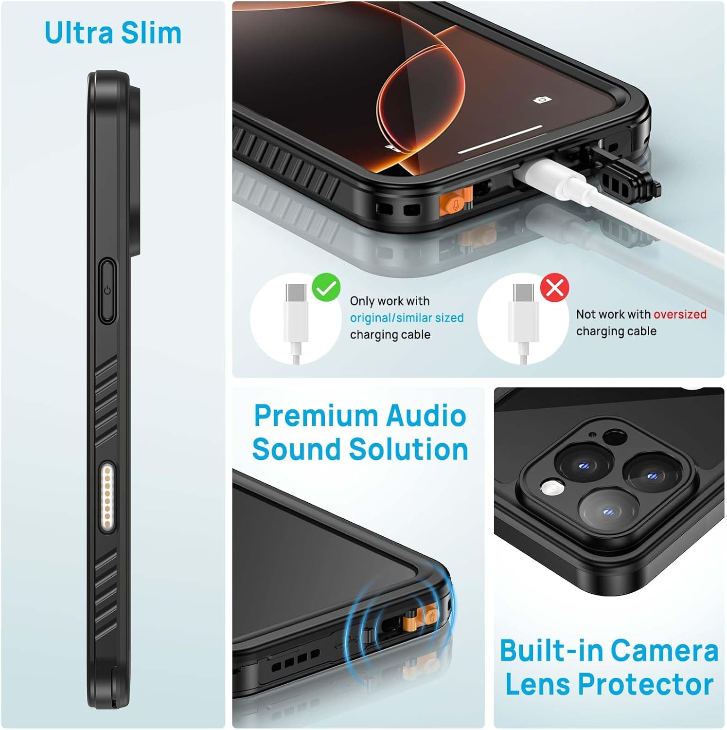 Lanhiem for iPhone 16 Pro Max Case, IP68 Waterproof Dustproof Shockproof Cases with Built-in Screen Protector, Full Body Heavy Duty Rugged Phone Cover for iPhone 16 Pro Max - 6.9 inch (Black/Clear)