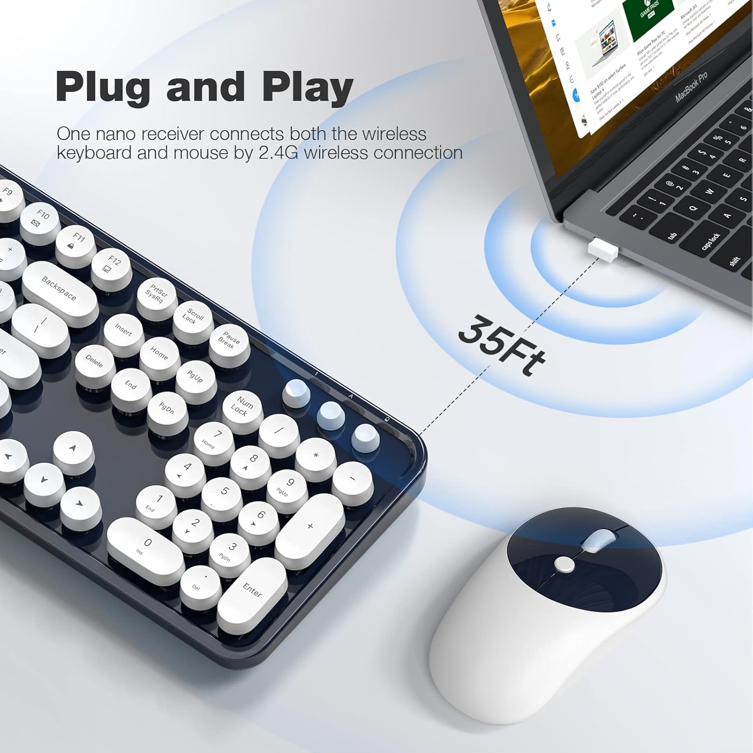 KNOWSQT Wireless Keyboard and Mouse Combo - White-DarkBlue Full-Sized 2.4 GHz 104 Keys Typewriter Keyboard, Flexible Round Keycap and Optical Mouse for Windows, Computer, PC, Laptop, Desktop