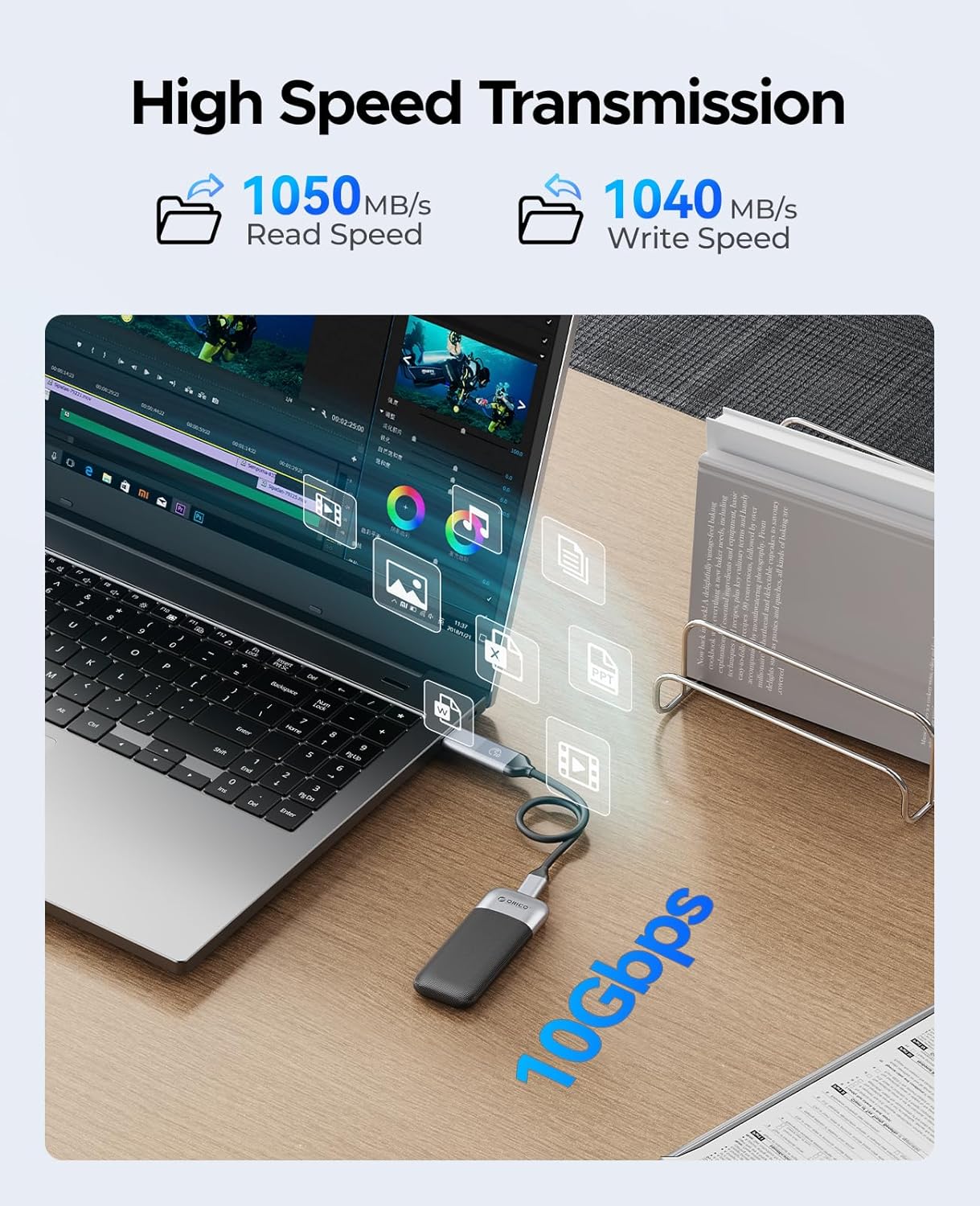 ORICO 512GB Portable SSD, Up to 1050MB/s, Compact with 2 in 1 USB C & A Cable, External Solid State Drives, Reliable Storage for USB C Smartphone, Tablet, PC - M10PRO