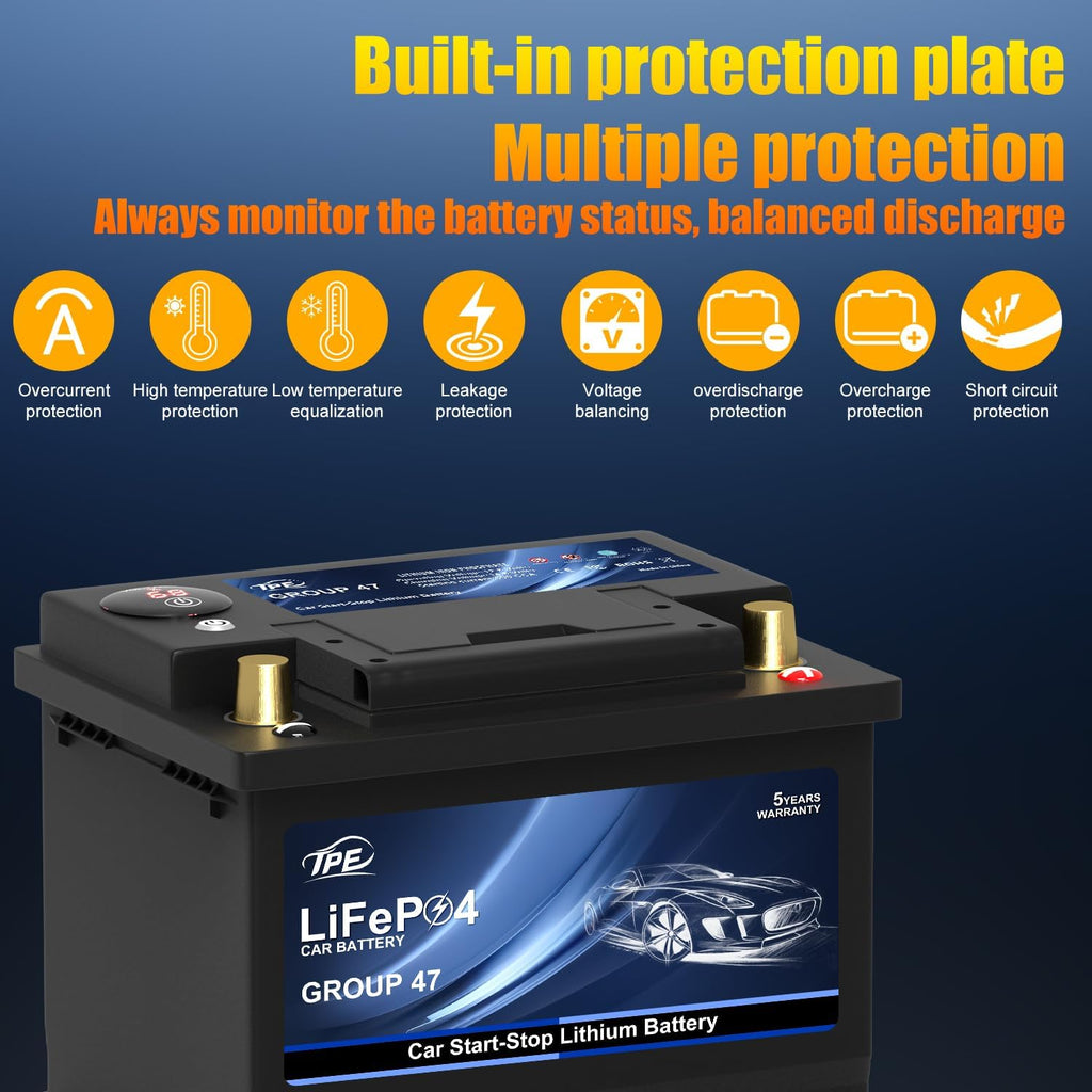 TPE Car Start-Stop Lithium Battery BCI Group47 LiFePO4 Lithium-ion Car Battery Lightweight Design Auto Lithium Battery 12.8V 600A High-Performance